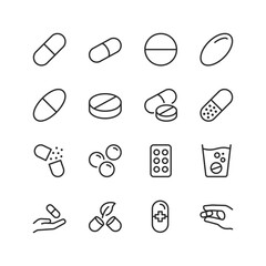Pills and Tablets, linear style icon set. Various shapes and forms of medication capsules. Drug compounds and pharmaceutical products. Editable stroke width.
