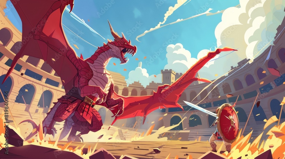 Wall mural against a dragon, an ancient warrior fights on an arena. the gladiator has a sword and shield, and f - Wall murals