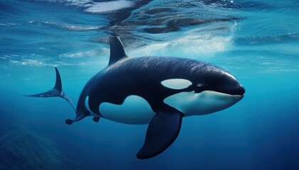 Naklejka premium Groups of Orcas or killer whales swim and hunt for prey, the top of the food chain in a sea of ​​ice floes