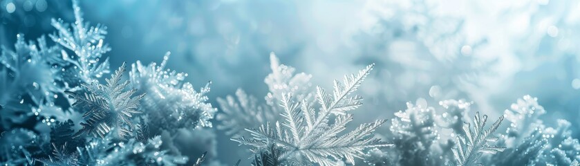 Fototapeta premium Closeup of snow-covered pine branches against blurred background.