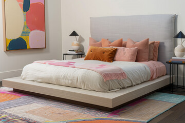 Stylish bedroom with a low platform bed, pastel bedding, and vibrant abstract art. Plush rug and modern bedside tables.