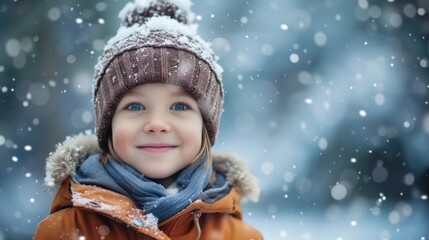 Child playing in the snow, their face beaming with happiness while bundled up in a warm hat and jacket