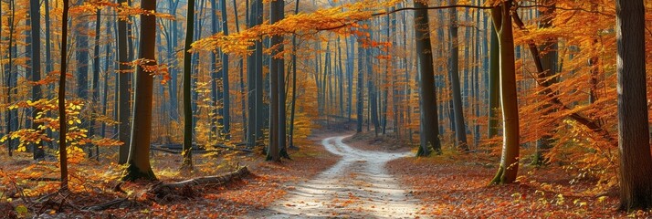 Obraz premium Autumn forest, with a winding trail lined with colorful trees leading deeper into the woods