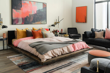 Stylish bedroom with a low platform bed, pastel bedding, vibrant abstract art, modern sofa set, and black chair. Plush rug and bedside tables.