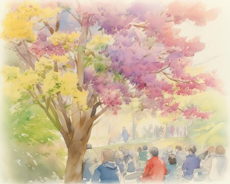 A watercolor painting of a crowd gathered under colorful trees in a peaceful park setting.