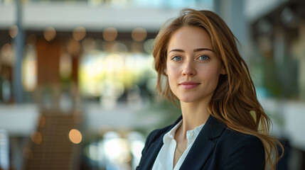 Obraz premium Slim woman in a professional outfit, standing gracefully in a corporate environment