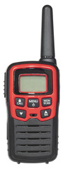 FRS and GMRS walkie-talkie with red polymer body and antenna attached ready for emergency use