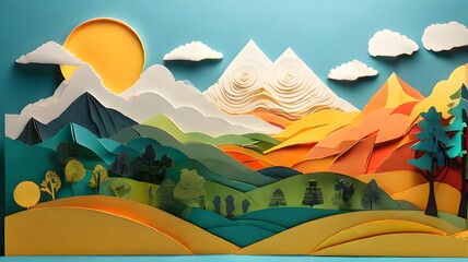 Paper art: a paper landscape with mountains, trees, and the sun
