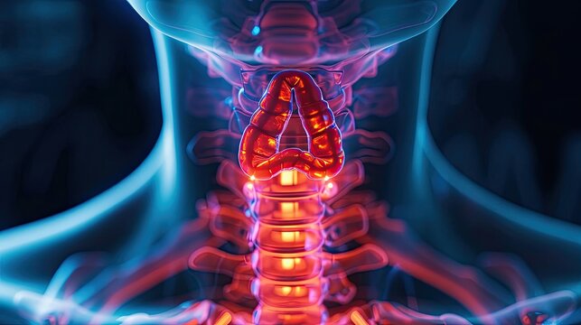 The thyroid gland, responsible for regulating metabolism and energy production, can be clearly visualized through an X-ray, emphasizing its location at the lower part of the neck