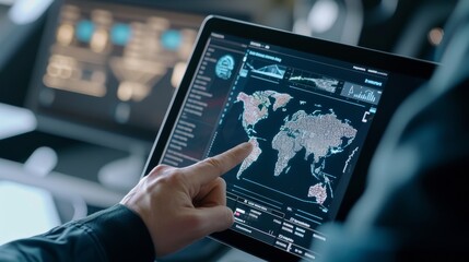 Logistics manager using a digital tablet or laptop to track shipments and manage logistics operations