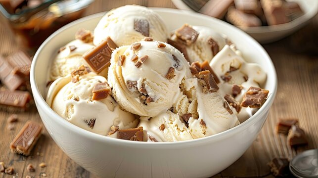 vanilla ice cream with chopped heath bars in a white bowl