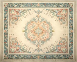 Ornate vintage rug with intricate floral patterns and pastel shades of blue, red, and green. Perfect for classic and elegant interior decor.