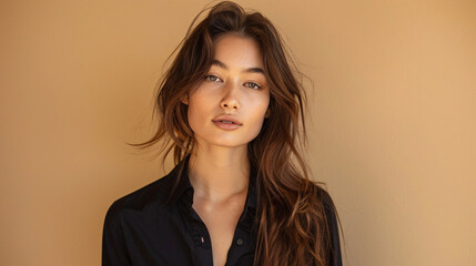 Obraz premium Slim young lady with an elegant hairstyle, standing confidently against a neutral background