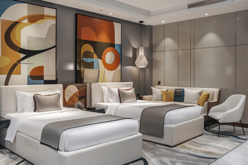 Stylish hotel suite, two single beds, abstract wall art, comfortable seating area with a sofa set, white chair, and contemporary lamp. Modern luxury.