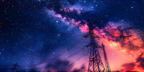 Electricity towers illuminated by glowing orange wires under a starry night sky. Concept Night Photography, Electric Grid, Illumination, Starry Sky, Industrial Landscape