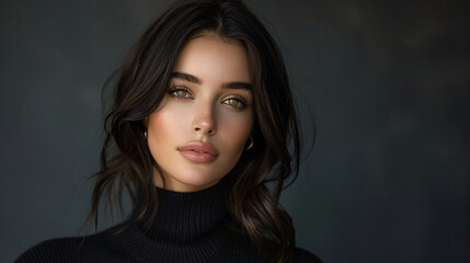 Stylish brunette woman showcasing a professional look, posing gracefully in a studio