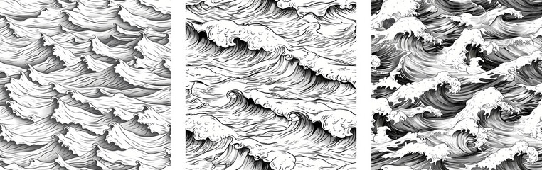 Set of black and white hand-drawn ocean waves pattern in Japanese art style. Detailed illustration for design and print