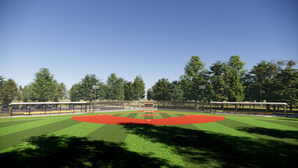 Obraz premium aerial view 3D rendering of a baseball field in the middle of the forest