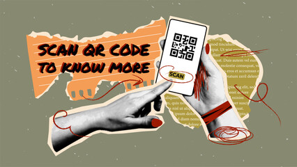 hand with mobile phone with qr code in a vintage rock halftone style and scraps of torn paper on the background. banner trendy retro Y2K design with torn pieces of paper notes.