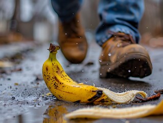 Banana Peel Causes Slippery Situation on Wet Forest Floor