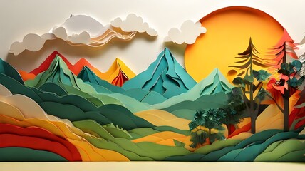 Paper art: a paper landscape with mountains, trees, and the sun