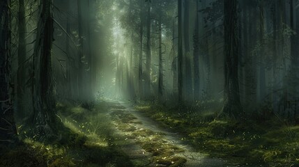 Obraz premium Mysterious forest illustration with tall trees and pathway