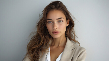 Naklejka premium Stylish female model showcasing a chic business look, standing with confidence in a studio