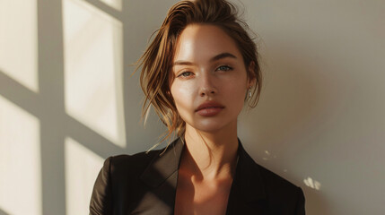 Stylish female model showcasing a chic business look, standing with confidence in a studio