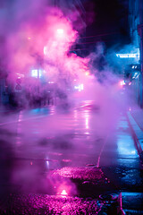 Surreal urban scene with pink fog at night