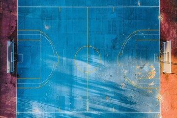 Bird's-eye view of empty rural sports court. Soccer, basketball, volleyball, tennis court.. Beautiful simple AI generated image in 4K, unique.