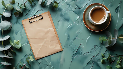 Stack of notebooks, cup of coffee and office supplies on a green background with eucalyptus leaves. Modern home office desk table. Flat lay, top view. - Powered by Adobe