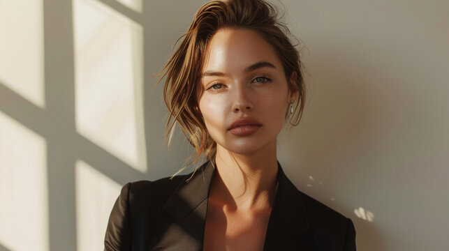 Stylish female model showcasing a chic business look, standing with confidence in a studio