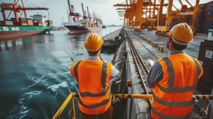 A wide shot of engineers discussing logistics optimization and supply chain management strategies at a port conference or meeting, capturing the exchange of ideas and expertise. 