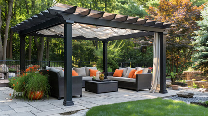 Integrate a retractable canopy or pergola roof for adjustable shade and protection from the elements. ai generated