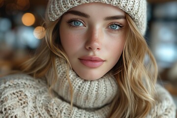 Knit Sweater and Beanie Cozy knitwear paired with a beanie, capturing a warm and winter-ready look