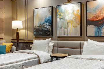 Contemporary hotel room, two single beds, abstract paintings, cozy seating area with a sofa set, modern table, and elegant lamp. Sophisticated and cozy ambiance.