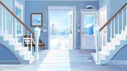 Interior of a house hallway with a winter landscape. Interior of a home with stairways, furniture, and snow on wooden floor. Icons of apartments on streets Cartoon modern illustration.