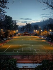 Floodlit Soccer Pitch in Urban Park at Dusk with Moon and Clouds