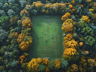 Aerial View of Lush Autumnal Forest Surrounding Soccer Field