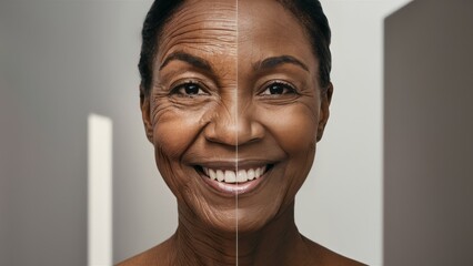 A woman with wrinkles and a smile before and after, AI