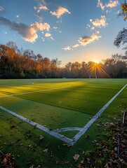 Serene Soccer Field at Sunset with Vibrant Skies and Lush Greenery