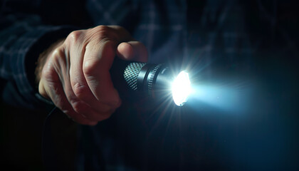 Man with bright flashlight in darkness, closeup