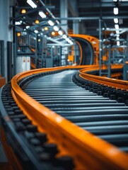 An industrial conveyor belt system in a modern factory The belts are orange and black and are used to transport goods from one place to another