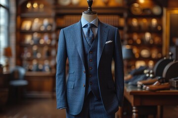 Men shirt in form of suits in dark navy blue colors on mannequin in tailoring room Luxury banner for an expensive men's clothing and office suits store