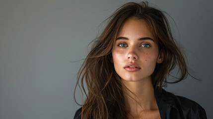 Young brunette lady with a sophisticated look, standing confidently in a studio setting