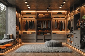 Modern minimalist men walk in wardrobe with clothes hanging on rods, shelves and drawers Dressing room with space for storing and organizing accessories Interior design of luxury walk in closet
