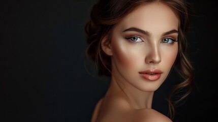 Fototapeta premium A captivating portrait of a brown-haired beauty showcases her delicate evening makeup, her kind gaze evoking a sense of warmth and charm. 