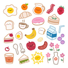 Cute Kawaii Breakfast Food and Drink Doodles with Happy Faces