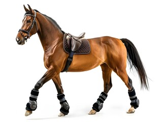 Obraz premium Brown Horse Wearing Protective Gear Exercising or Turned Out on White Background