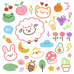 Cute Kawaii Animal and Object Doodles with Happy Faces.Cute doodle hand drawn kids set. Colorful element of cat, sheep, bee, bunny, frog and flowers.